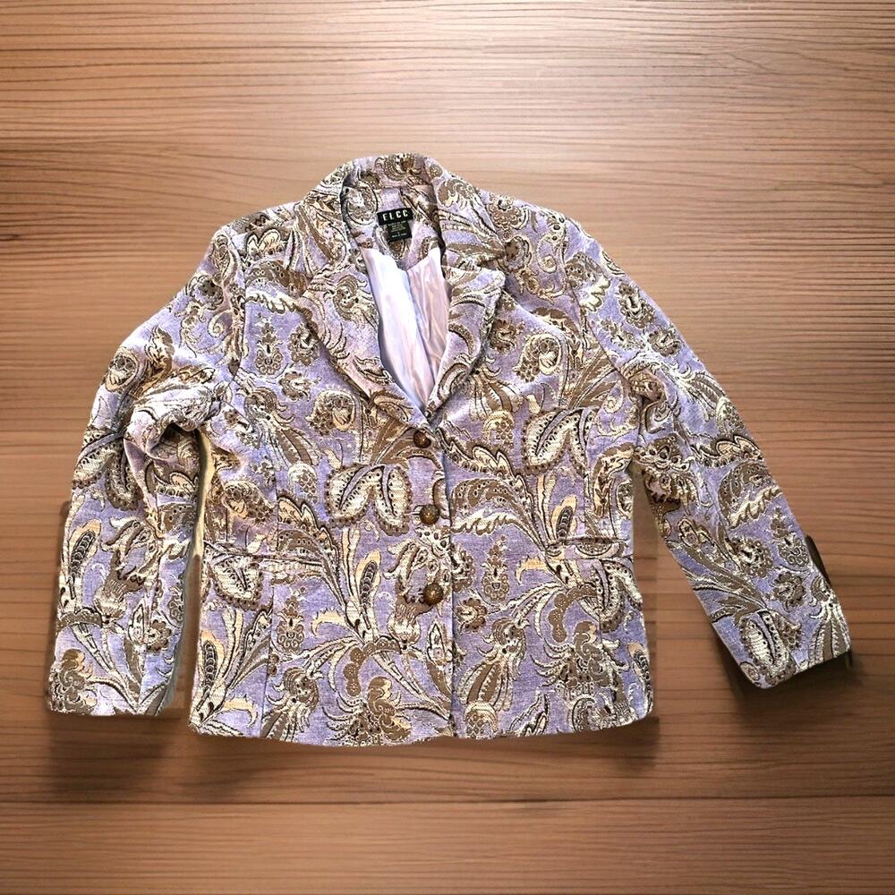 VTG Tapestry Jacket Pastel Lavender Purple Paisley Jacquard Bronze Button M L
